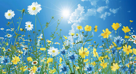 Flowers in spring with a blue sky and bright sun