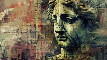 Fototapeta premium Surreal contemporary art collage featuring antique statue head.