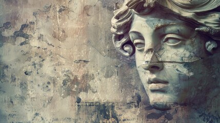 Surreal contemporary art collage featuring antique statue head.