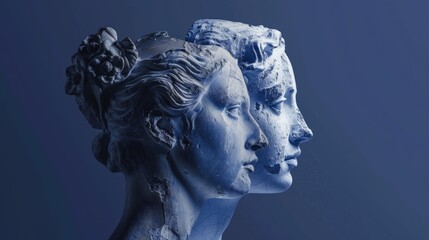 Plaster statue head and woman in profile over blue background.