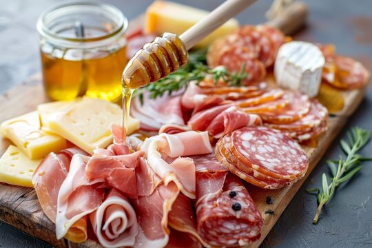 Assorted cured meats cheese and honey on a board