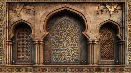 Obraz premium brown intricate arabic style mihrab with golden arabesque patterns