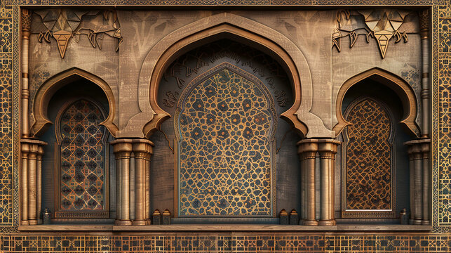 brown intricate arabic style mihrab with golden arabesque patterns