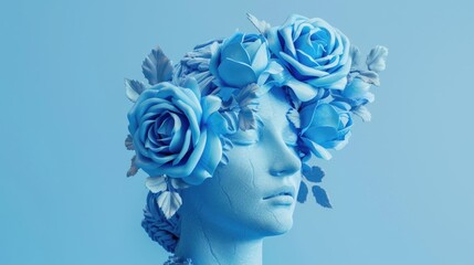 Female antique statue head with blue flowers in surreal style.