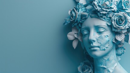 Female antique statue head with blue flowers in surreal style.