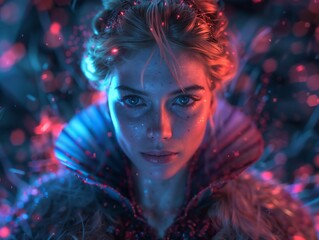 Mystical Woman in Neon Glow: Intense Gaze Amid Shimmering Red and Blue Lights