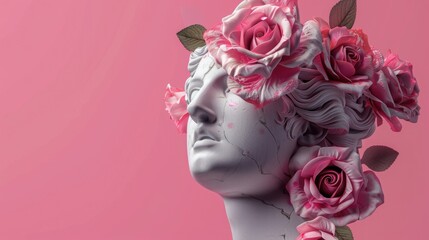 Female antique statue head with pink roses  modern design art.