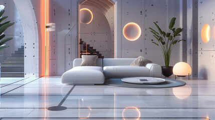 Futuristic living room interior with white sofa, plants, and glowing circles on the walls in retro futurism style