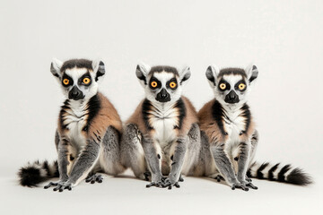 Three lemurs on alert, eyes wide