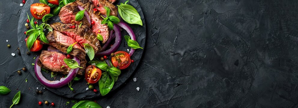 Beef grilled meat, black stone background, spices, onion, herbs. Top view Banner. Fresh red meat with pepper, salt for grilling on dark cutting board. Prime fillet. Food magazine style. Chief menu BBQ