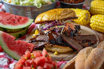 Barbecue brisket sandwich with sides on picnic table