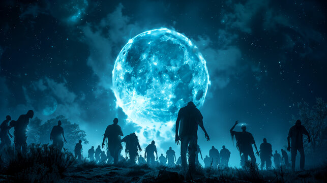 zombies doing a silly dance under a full moon on halloween night