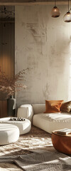 Minimalist living room interior with white sofa, dried plants, and warm neutral colors in the background