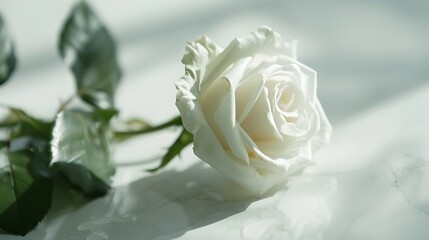 Close-up of a single white rosebud unfurling its petals against a pristine white surface, symbolizing purity and innocence.
