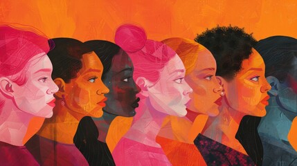 illustration of girl with head from other women, multicultural, life-like avian illustrations, light magenta and orange.
