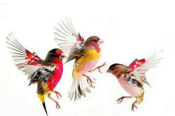 Three finches with wings spread