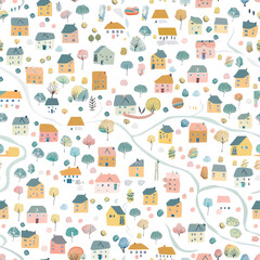 Fototapeta premium Pastel-colored village map pattern with a seamless repeat, isolated on a transparent or white background, and includes a PNG cutout with a clipping path