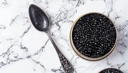 Black sturgeon caviar in a can with a spoon on a white marble backdrop