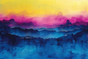 Colorful painting on paper - mountain and sky in the evening