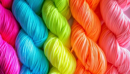 Brightly colored skeins of acrylic yarn Textile industry Natural and fluorescent hues