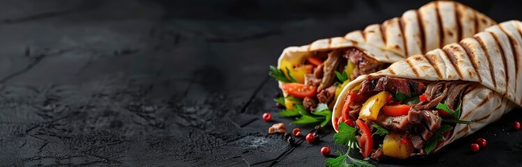 Gyros, shawarma wrapped in pita breads on black background. Take away street food. Two fresh...