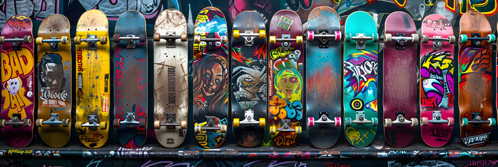 Fototapeta na wymiar The Dynamic Array of Intricately Designed Skateboards Expressing the Spirit of Street Culture