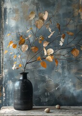 An image inspired still life painting featuring a black vase adorned with leaves, using a soft and muted color palette. Reflect the rustic simplicity, contemporary Turkish art.