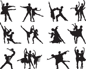 PNG Black silhouettes of ballet couples on white background