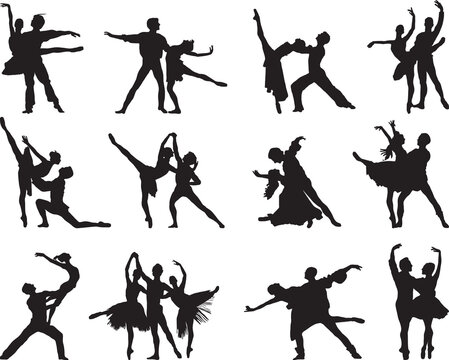 PNG Black silhouettes of ballet couples on white background