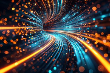Hyperspace Velocity in a Data Tunnel. Blue and Orange Streaks Illustrating High-Speed Transfer.