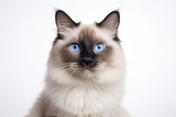 Medium shot portrait photography of a curious ragdoll cat grooming while standing against white background