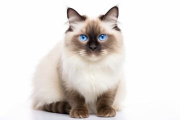 Medium shot portrait photography of a curious ragdoll cat grooming while standing against white background