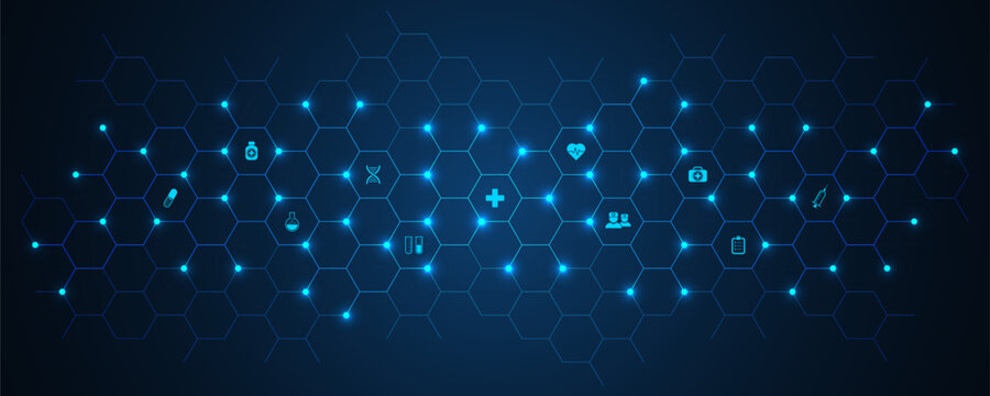 Healthcare and technology concept with flat icons and symbols. Template design for health care business, innovation medicine, pharmaceutical industry, science, medical research.