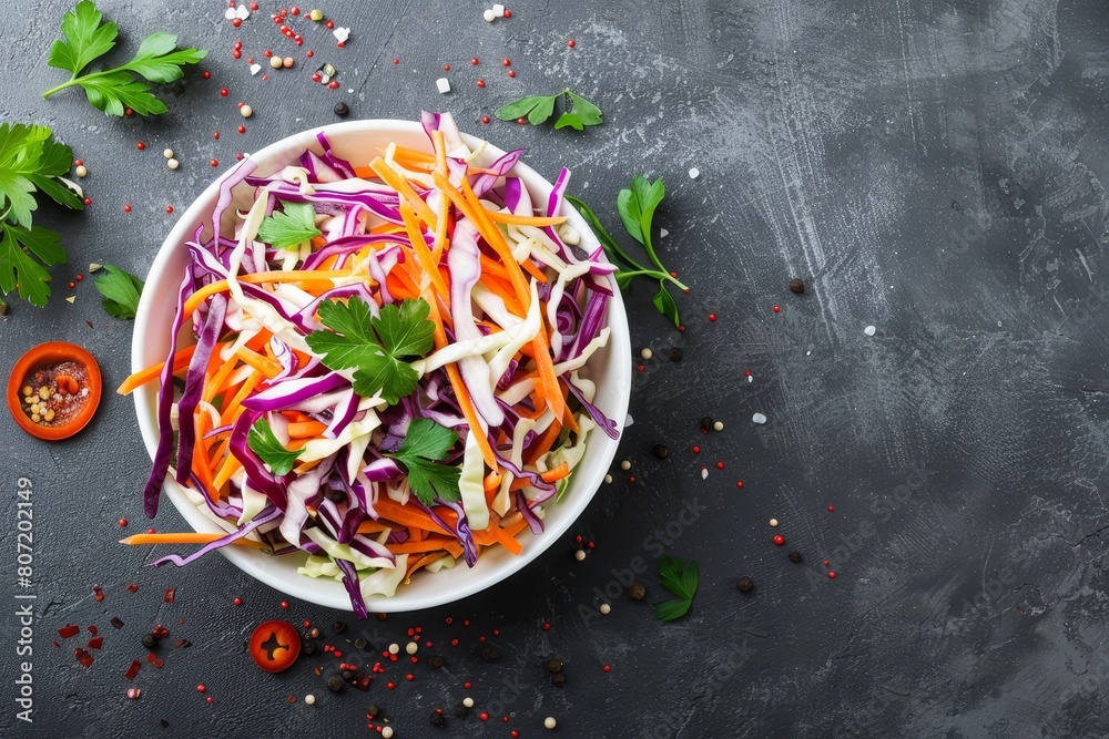 Canvas Prints Carrot and cabbage coleslaw in white bowl with space on left