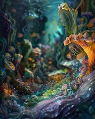 Enchanting Underwater Realm Teeming with Curious and Vibrant Marine Creatures in a Dreamlike Impressionistic Landscape