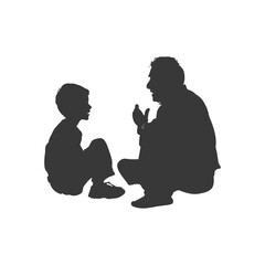 Silhouette elderly man and little boy were sitting while talking black color only