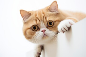 Obraz premium Lifestyle portrait photography of a curious exotic shorthair cat wall climbing in front of white background