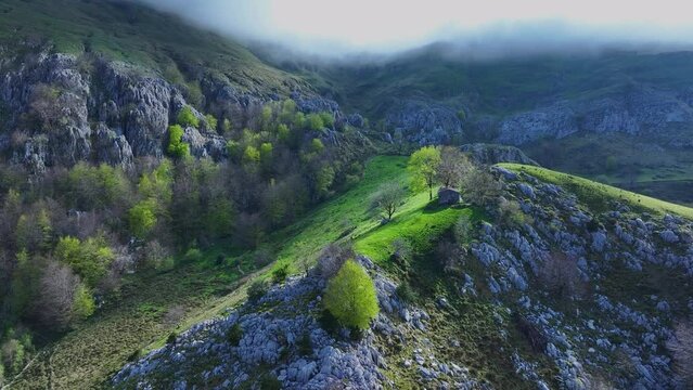 Cabins, meadows and beech forests in Los Machucos at 921 meters above sea level and communicates the villages of Bustablado and San Roque de Riomiera. Pasiegos Valleys, Cantabria, Spain, Europe
