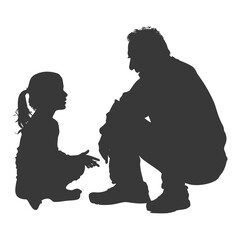 Silhouette elderly man and little girl were sitting while talking black color only