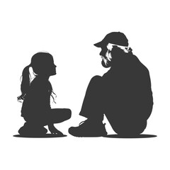 Silhouette elderly man and little girl were sitting while talking black color only