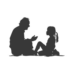 Silhouette elderly man and little girl were sitting while talking black color only