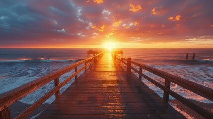 Obraz premium Sunset Illuminating the Pier with Golden Hues by the Water's Edge