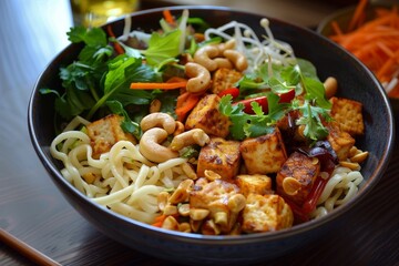 Fototapeta premium Chinese tofu and cashew nut noodles with garlic and fresh salad