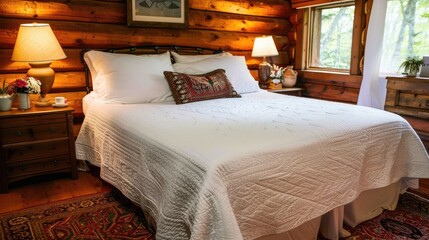 a spacious and bright log-style bedroom, featuring a cozy log-style bed adorned with a white quilt and brown pillows, complemented by a soft carpet and a nightstand adorned with cups and lamps.