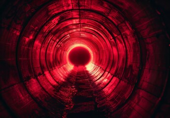 Radial red light shines through dark tunnel for print, ads, newsletters, web headers, e-commerce, retail signs, business ads
