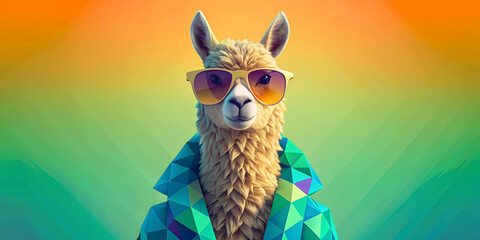 Fototapeta premium A stylishly cool llama wearing sunglasses appears against a vibrant, colourful background. The llama's fur appears textured and is adorned with a geometric patterned coat.AI generated.
