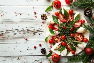 Christmas tree caprese salad on white background festive appetizer with space for recipe