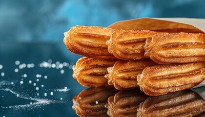 Churros on table with reflection Paper bag Blue background