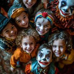 A group of children dressed up in clown costumes for Halloween