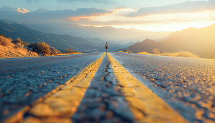 Shot from the ground of a person walking in the middle of a paved road with a yellow stripe down the middle and some mountains in the background, with the sun setting.